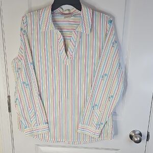 Rafaella Women's Multicolor Striped Blouse Long Sleeve With Embroidery‎ Size L